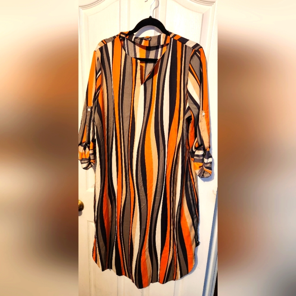 Womens Striped 3/4 Sleeve Shift Dress
